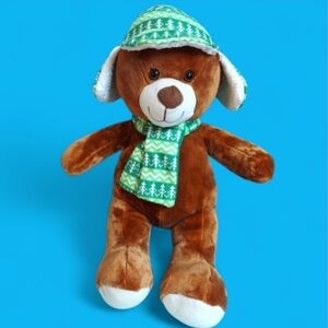 Goffa Bear Plush Stuffed Animal With Green Winter Hat and Scarf 18"